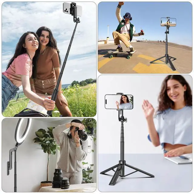 Alt view image 7 of 7 - Selfie Stick Travel Tripod for Cell Phone with Remote Control and Phone Holder, Extendable Selfie Stick for iPhone, iPhone Tripod for Video Recording, 50 Inch, Black