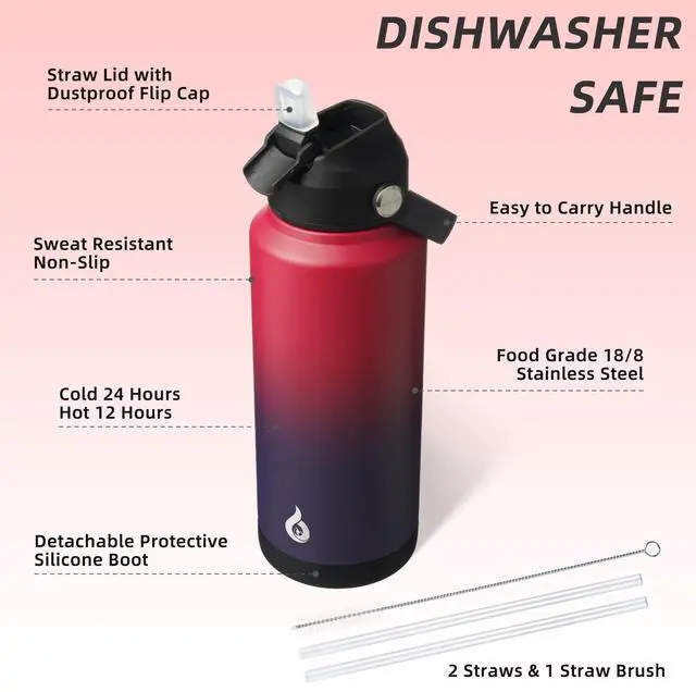 Alt view image 3 of 7 - BJPKPK Water Bottle with Straw Lid, 32oz Vacuum Insulated Water Bottles, Metal Stainless Steel Thermos for Sports, Travel, BPA Free Leak Proof Thermos, Cups, Flasks, Tumblers,Charming Red