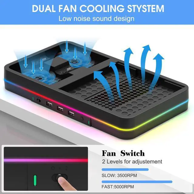 Alt view image 3 of 7 - KEPLUG Dual Cooling Fan and Cooling Stand for Xbox Series X/S Console/Controller Dual Controller Charger Station with RGB LED Light & 3 USB Ports,Xbox Series x Accessories with 2 Headphone Hooks