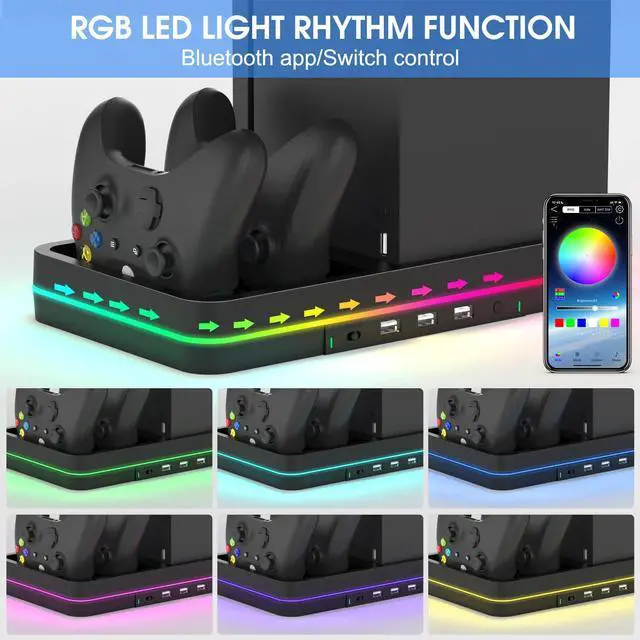 Alt view image 4 of 7 - KEPLUG Dual Cooling Fan and Cooling Stand for Xbox Series X/S Console/Controller Dual Controller Charger Station with RGB LED Light & 3 USB Ports,Xbox Series x Accessories with 2 Headphone Hooks