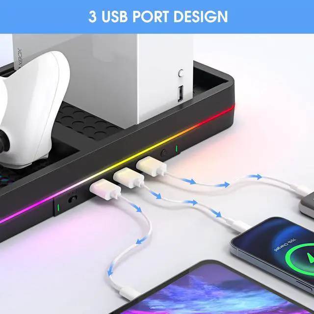 Alt view image 6 of 7 - KEPLUG Dual Cooling Fan and Cooling Stand for Xbox Series X/S Console/Controller Dual Controller Charger Station with RGB LED Light & 3 USB Ports,Xbox Series x Accessories with 2 Headphone Hooks