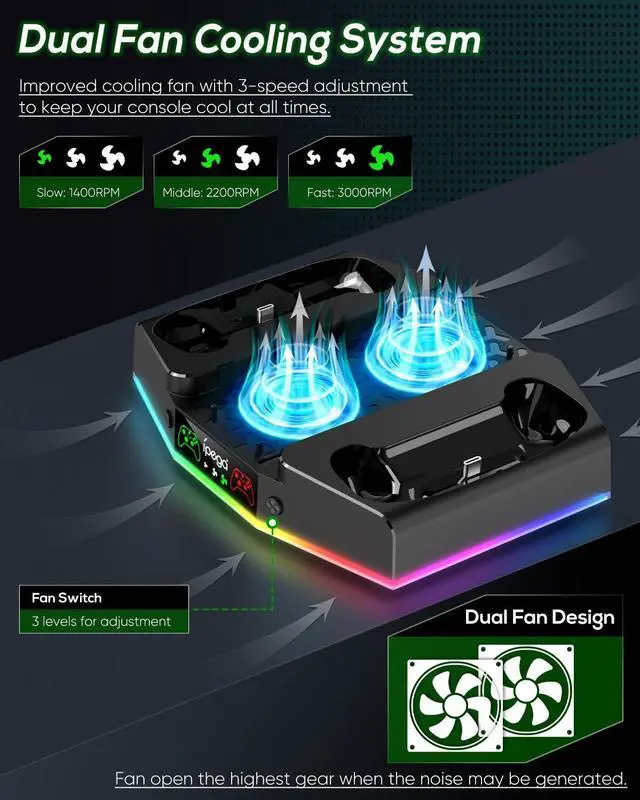 Alt view image 3 of 7 - Cooling Stand & Charging Station for Xbox Series S with RGB Light Strip,Dual Controller Charger & Cooler Fan for XSS Console Accessories with 2*1400mAH Rechargeable Battery Pack,1*Headphone Hook,Black