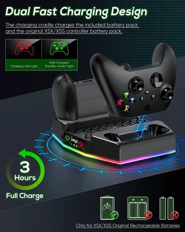 Alt view image 4 of 7 - Cooling Stand & Charging Station for Xbox Series S with RGB Light Strip,Dual Controller Charger & Cooler Fan for XSS Console Accessories with 2*1400mAH Rechargeable Battery Pack,1*Headphone Hook,Black