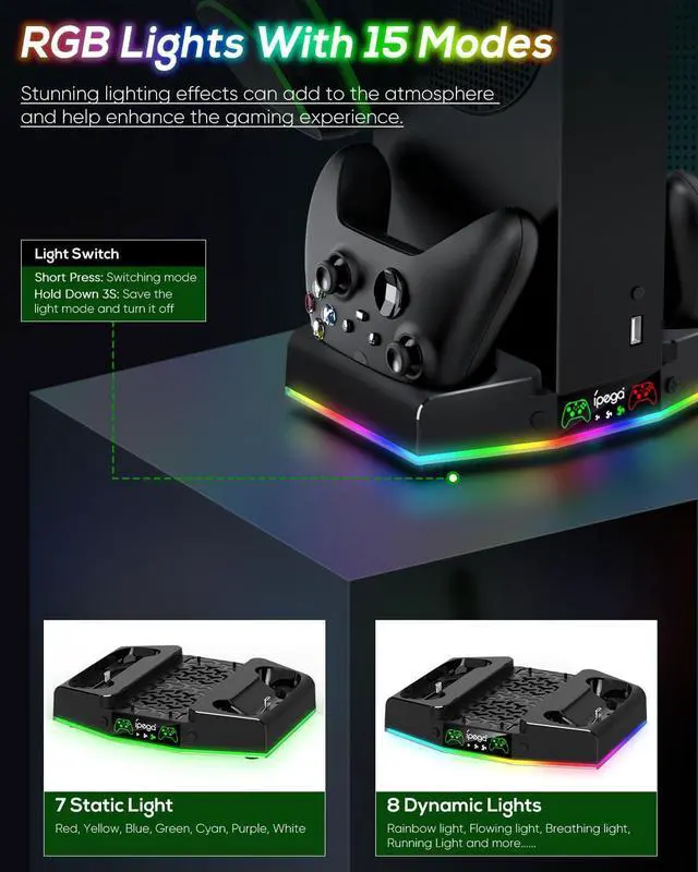 Alt view image 5 of 7 - Cooling Stand & Charging Station for Xbox Series S with RGB Light Strip,Dual Controller Charger & Cooler Fan for XSS Console Accessories with 2*1400mAH Rechargeable Battery Pack,1*Headphone Hook,Black