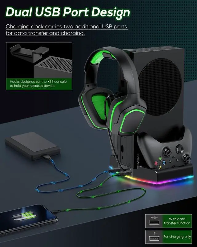 Alt view image 6 of 7 - Cooling Stand & Charging Station for Xbox Series S with RGB Light Strip,Dual Controller Charger & Cooler Fan for XSS Console Accessories with 2*1400mAH Rechargeable Battery Pack,1*Headphone Hook,Black