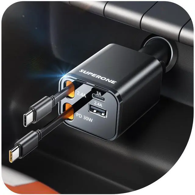 Main image of SUPERONE Retractable USB C Car Charger, 4-in-1 Fast Charging with Dual Type C Cable, Car Accessories for iPhone 16/15/14/13/12 Series, iPad, Galaxy, Pixel