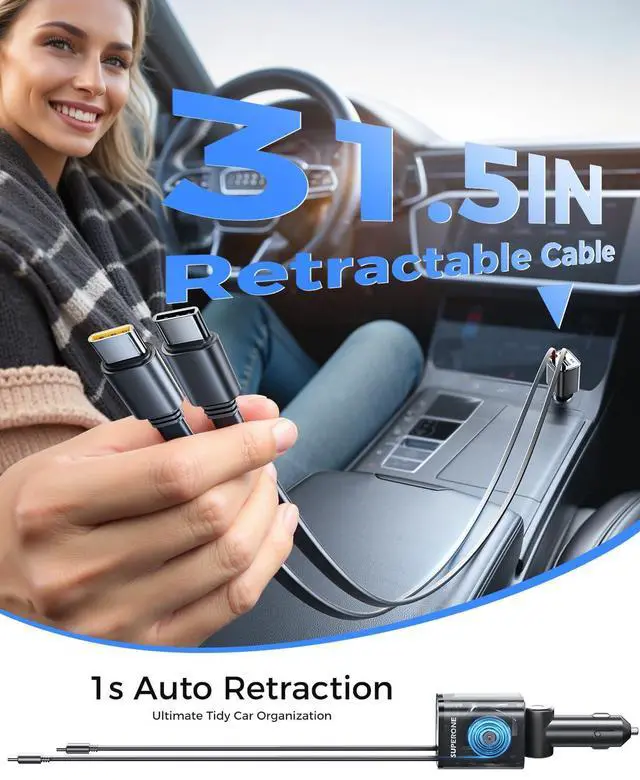 Alt view image 3 of 7 - SUPERONE Retractable USB C Car Charger, 4-in-1 Fast Charging with Dual Type C Cable, Car Accessories for iPhone 16/15/14/13/12 Series, iPad, Galaxy, Pixel
