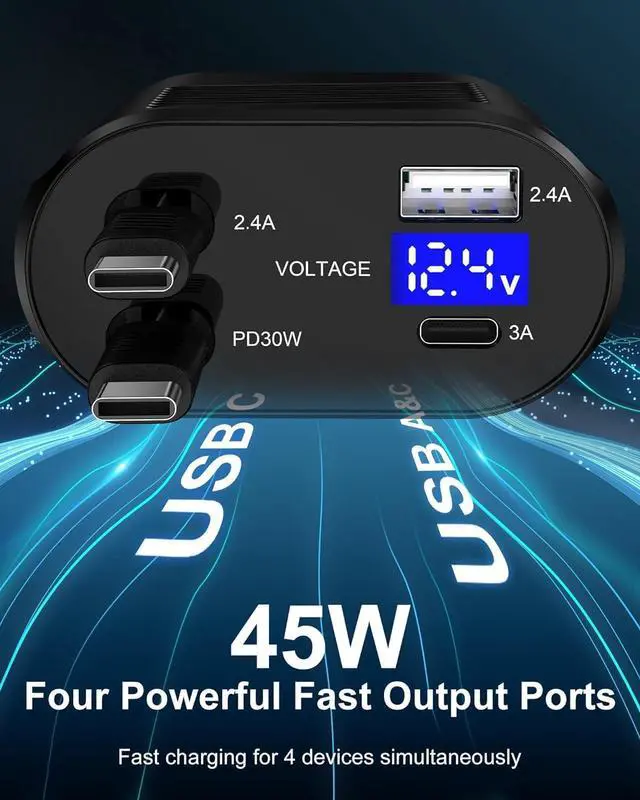 Alt view image 2 of 7 - 4-in-1 Retractable Car Charger Fast Charging Dual USB Ports & USB C Cables, USBC for iPhone 16e 16 Pro Max 16Pro 15 Plus 14 Samsung Galaxy Cigarette Lighter Cargodor C Type Cord Android Car Charger