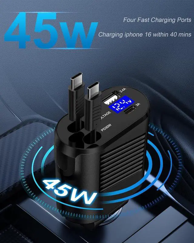 Alt view image 3 of 7 - 4-in-1 Retractable Car Charger Fast Charging Dual USB Ports & USB C Cables, USBC for iPhone 16e 16 Pro Max 16Pro 15 Plus 14 Samsung Galaxy Cigarette Lighter Cargodor C Type Cord Android Car Charger