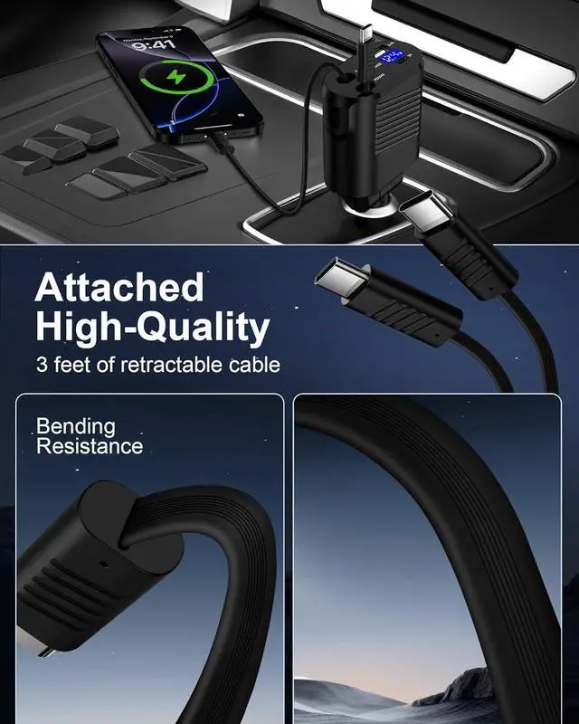 Alt view image 5 of 7 - 4-in-1 Retractable Car Charger Fast Charging Dual USB Ports & USB C Cables, USBC for iPhone 16e 16 Pro Max 16Pro 15 Plus 14 Samsung Galaxy Cigarette Lighter Cargodor C Type Cord Android Car Charger
