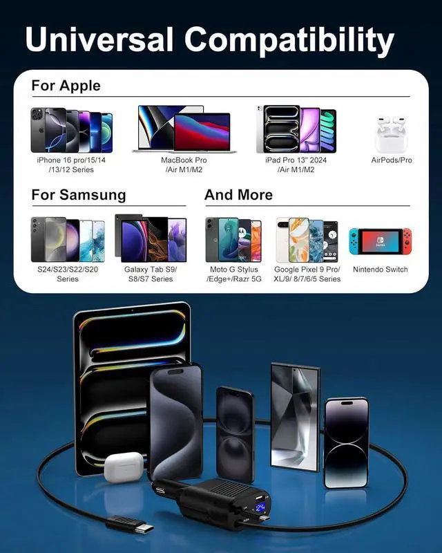 Alt view image 7 of 7 - 4-in-1 Retractable Car Charger Fast Charging Dual USB Ports & USB C Cables, USBC for iPhone 16e 16 Pro Max 16Pro 15 Plus 14 Samsung Galaxy Cigarette Lighter Cargodor C Type Cord Android Car Charger