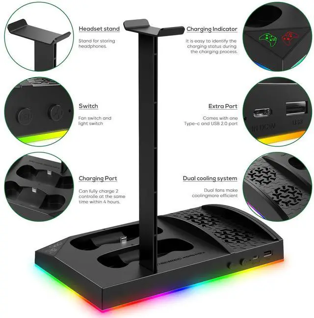 Alt view image 3 of 7 - Charging & Cooling Fan Stand for Xbox Series S, Dual Controller Charger Station & Cooler System with 15 LED Light Modes, Headset Hook,USB C Cable, Accessories for XSS with 2x1400mAh Batteries (Black)