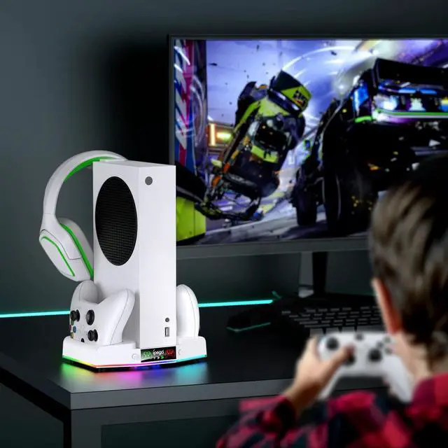 Alt view image 7 of 7 - Upgraded Cooling Fan Stand for Xbox Series S with Charger Station, MENEEA Controller Charging Dock & Console Cooler System with 15 Colorful RGB Light & Headset Hook, Accessories for XSS