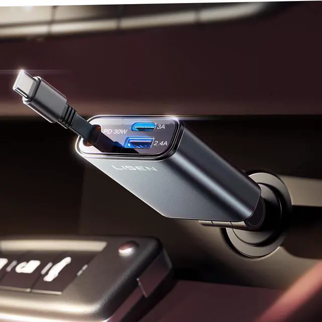 Main image of LISEN Car Charger USB C Fast Charging Retractable,75% Less Space,Ultra Mini 57W Fast iPhone 16/15 USBC Type C Car Charger Retractable for iPhone 16e 16 15 Pro Max PlusSamsung Galaxy S25/24Android
