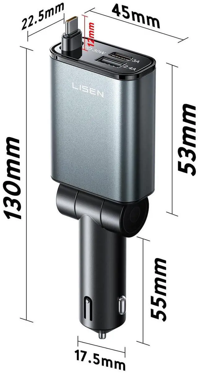 Alt view image 7 of 7 - LISEN Car Charger USB C Fast Charging Retractable,75% Less Space,Ultra Mini 57W Fast iPhone 16/15 USBC Type C Car Charger Retractable for iPhone 16e 16 15 Pro Max PlusSamsung Galaxy S25/24Android