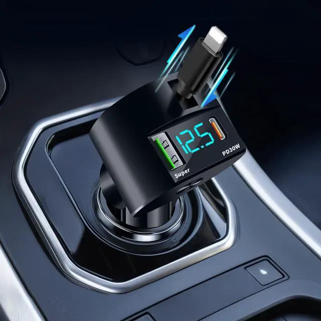 Alt view image 2 of 7 - Etre Jeune Retractable Car Charger USB C Fast Charging, PD 30W Fast Car Charger with Retractable Cords Compatible for iPhone, Dad Gift for Father's Day