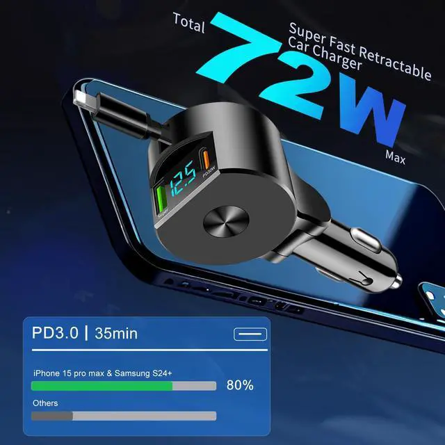 Alt view image 4 of 7 - Etre Jeune Retractable Car Charger USB C Fast Charging, PD 30W Fast Car Charger with Retractable Cords Compatible for iPhone, Dad Gift for Father's Day
