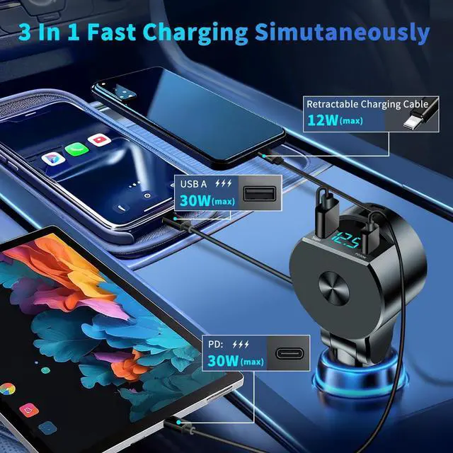 Alt view image 3 of 7 - Etre Jeune Retractable Car Charger USB C Fast Charging, PD 30W Fast Car Charger with Retractable Cords Compatible for iPhone, Dad Gift for Father's Day
