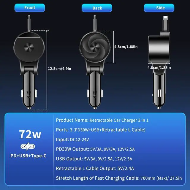 Alt view image 7 of 7 - Etre Jeune Retractable Car Charger USB C Fast Charging, PD 30W Fast Car Charger with Retractable Cords Compatible for iPhone, Dad Gift for Father's Day