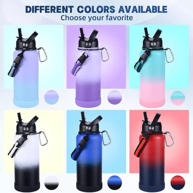 Alt view image 6 of 7 - CoolSub Insulated Water Bottle, 32 oz Stainless Steel Wide Mouth Water Bottles with 2 Leak Proof Lid and Paracord Handle, Double Wall Vacuum Insulated Sports Water Bottle, Purple Blue