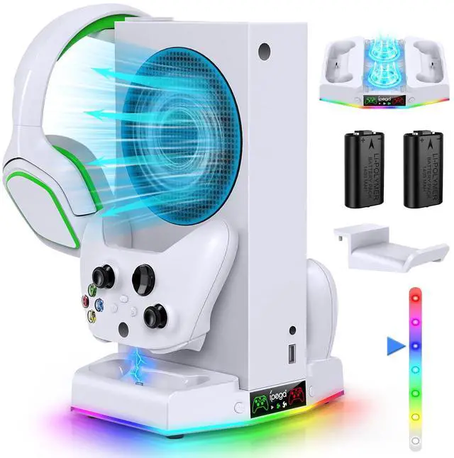 Main image of Cooling Stand & Charging Station for Xbox Series S with RGB Light Strip,Dual Controller Charger & Cooler Fan for XSS Console Accessories with 2*1400mAH Rechargeable Battery Pack,1*Headphone Hook,White