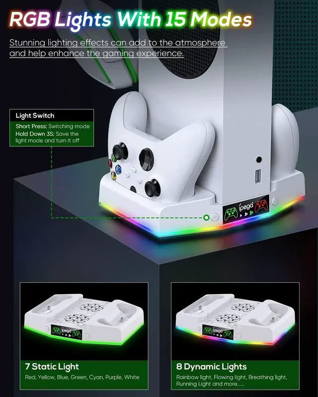 Alt view image 4 of 7 - Cooling Stand & Charging Station for Xbox Series S with RGB Light Strip,Dual Controller Charger & Cooler Fan for XSS Console Accessories with 2*1400mAH Rechargeable Battery Pack,1*Headphone Hook,White