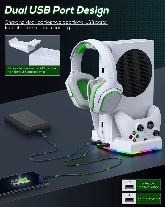 Alt view image 7 of 7 - Cooling Stand & Charging Station for Xbox Series S with RGB Light Strip,Dual Controller Charger & Cooler Fan for XSS Console Accessories with 2*1400mAH Rechargeable Battery Pack,1*Headphone Hook,White