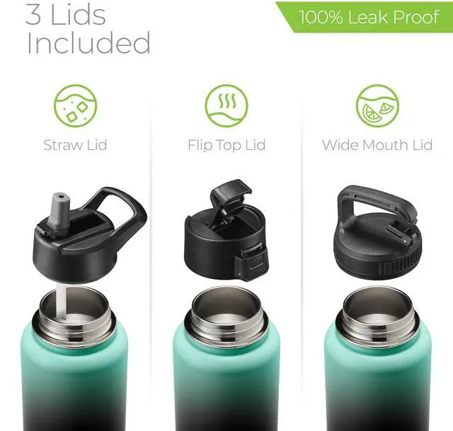 Alt view image 5 of 7 - SipX Triple-Insulated Stainless Steel Water Bottle 32oz. With 3 Lids, BPA-Free Reusable Insulated Water Bottle Keeps Cold 24 Hours, (Gradiant Mint Black)