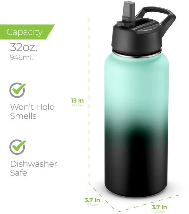 Alt view image 6 of 7 - SipX Triple-Insulated Stainless Steel Water Bottle 32oz. With 3 Lids, BPA-Free Reusable Insulated Water Bottle Keeps Cold 24 Hours, (Gradiant Mint Black)