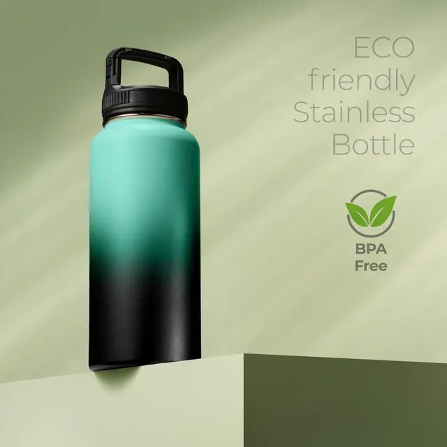 Alt view image 7 of 7 - SipX Triple-Insulated Stainless Steel Water Bottle 32oz. With 3 Lids, BPA-Free Reusable Insulated Water Bottle Keeps Cold 24 Hours, (Gradiant Mint Black)