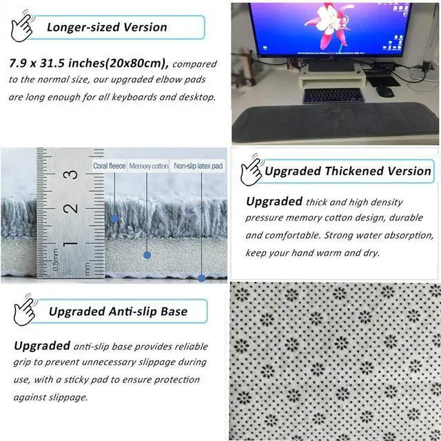 Alt view image 2 of 7 - Upgraded Computer Wrist Elbow Pad, Creatiee Premium Memory Cotton Desktop Keyboard Arm Rest Support Mat for Office Desktop Working Gaming - Less Elbow Pain(Long-Sized, 7.9 x 31.5 inch)(Gray)
