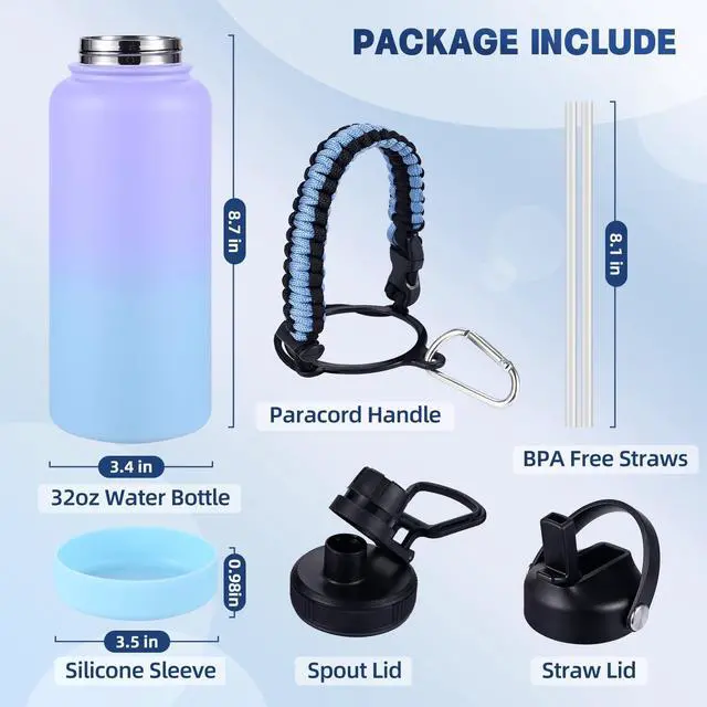 Alt view image 2 of 7 - CoolSub Insulated Water Bottle, 32 oz Stainless Steel Wide Mouth Water Bottles with 2 Leak Proof Lid and Paracord Handle, Double Wall Vacuum Insulated Sports Water Bottle, Purple Blue