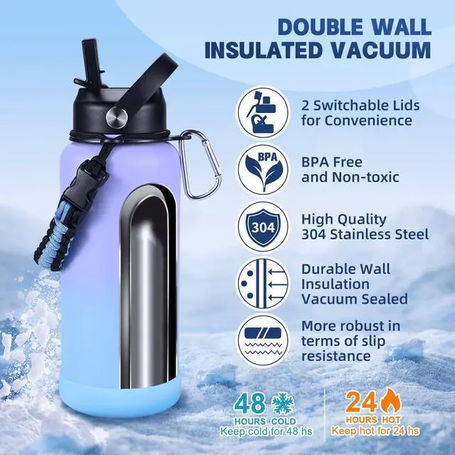 Alt view image 3 of 7 - CoolSub Insulated Water Bottle, 32 oz Stainless Steel Wide Mouth Water Bottles with 2 Leak Proof Lid and Paracord Handle, Double Wall Vacuum Insulated Sports Water Bottle, Purple Blue