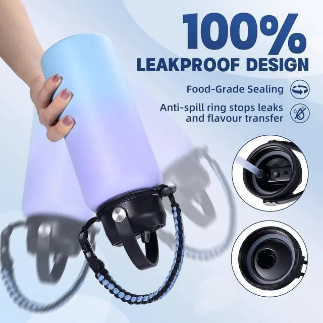 Alt view image 7 of 7 - CoolSub Insulated Water Bottle, 32 oz Stainless Steel Wide Mouth Water Bottles with 2 Leak Proof Lid and Paracord Handle, Double Wall Vacuum Insulated Sports Water Bottle, Purple Blue