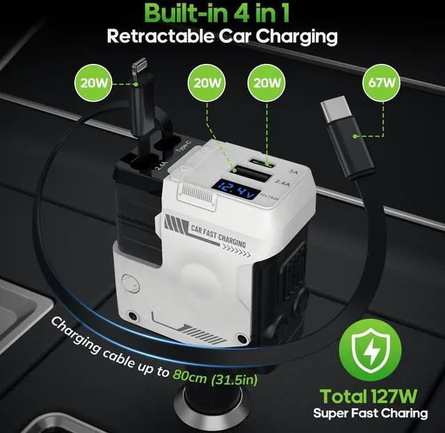Alt view image 3 of 7 - 4 in 1 Retractable Car Charger, 127W Car Charger USB C Fast Charge with 2 Cables 2.6 FT and 2 USB Ports, 180° Adjustable Multi Port for iPhone/Ipad/Phone/Tablet/Laptop