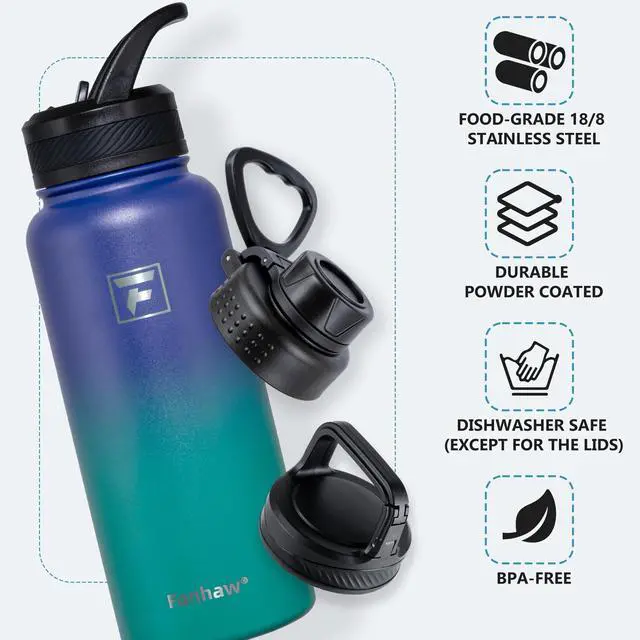 Alt view image 2 of 7 - Fanhaw 32 oz Stainless Steel Insulated Water Bottle with 3 Lids (Straw, Spout and Carabiner Lid) - Wide Mouth Travel Thermal Mug (Purple Green)