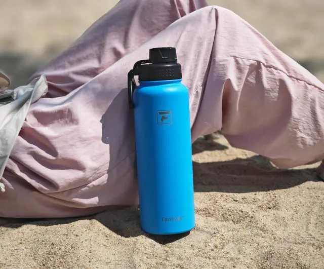 Alt view image 7 of 7 - Fanhaw 32 oz Stainless Steel Insulated Water Bottle with 3 Lids (Straw, Spout and Carabiner Lid) - Wide Mouth Travel Thermal Mug (Yellow Orange)