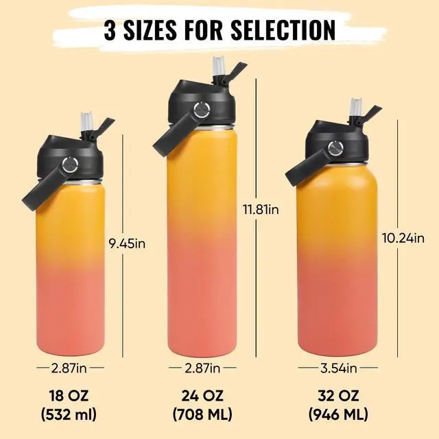 Alt view image 2 of 7 - Fijinhom 32oz Insulated Stainless Steel Water Bottle, Wide Mouth Double Wall Vacuum, Silicone Straw, Sweat & Leak Proof, BPA Free Insulated Water Flask for Travel, Keep Cold 24h Hot 12h, Orange