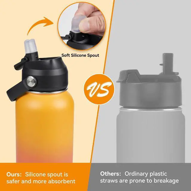 Alt view image 4 of 7 - Fijinhom 32oz Insulated Stainless Steel Water Bottle, Wide Mouth Double Wall Vacuum, Silicone Straw, Sweat & Leak Proof, BPA Free Insulated Water Flask for Travel, Keep Cold 24h Hot 12h, Orange