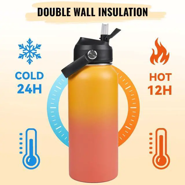 Alt view image 5 of 7 - Fijinhom 32oz Insulated Stainless Steel Water Bottle, Wide Mouth Double Wall Vacuum, Silicone Straw, Sweat & Leak Proof, BPA Free Insulated Water Flask for Travel, Keep Cold 24h Hot 12h, Orange