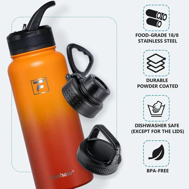 Alt view image 2 of 7 - Fanhaw 32 oz Stainless Steel Insulated Water Bottle with 3 Lids (Straw, Spout and Carabiner Lid) - Wide Mouth Travel Thermal Mug (Yellow Orange)