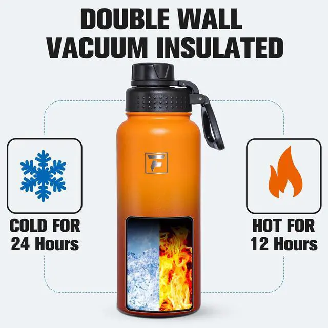 Alt view image 3 of 7 - Fanhaw 32 oz Stainless Steel Insulated Water Bottle with 3 Lids (Straw, Spout and Carabiner Lid) - Wide Mouth Travel Thermal Mug (Yellow Orange)