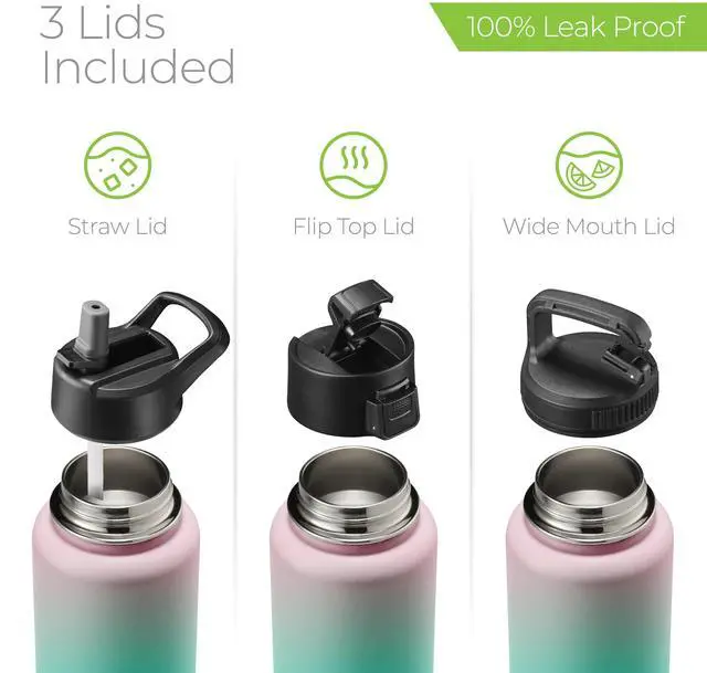 Alt view image 5 of 7 - SipX Triple-Insulated Stainless Steel Water Bottle 32oz. With 3 Lids, BPA-Free Reusable Insulated Water Bottle Keeps Cold 24 Hours, (Gradiant Mint Pink)