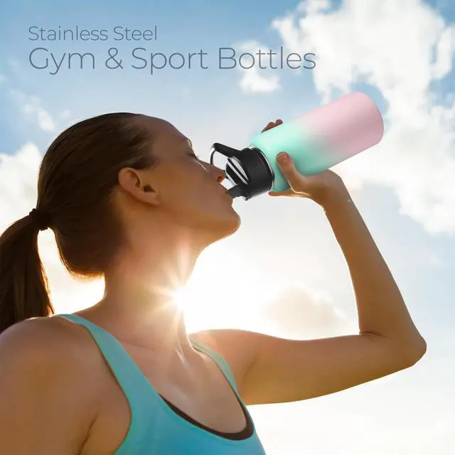 Alt view image 2 of 7 - SipX Triple-Insulated Stainless Steel Water Bottle 32oz. With 3 Lids, BPA-Free Reusable Insulated Water Bottle Keeps Cold 24 Hours, (Gradiant Mint Pink)