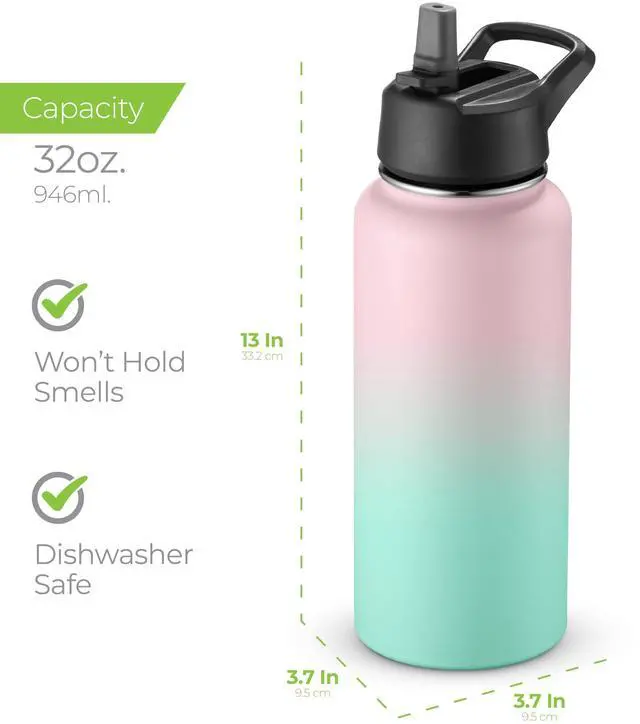 Alt view image 6 of 7 - SipX Triple-Insulated Stainless Steel Water Bottle 32oz. With 3 Lids, BPA-Free Reusable Insulated Water Bottle Keeps Cold 24 Hours, (Gradiant Mint Pink)