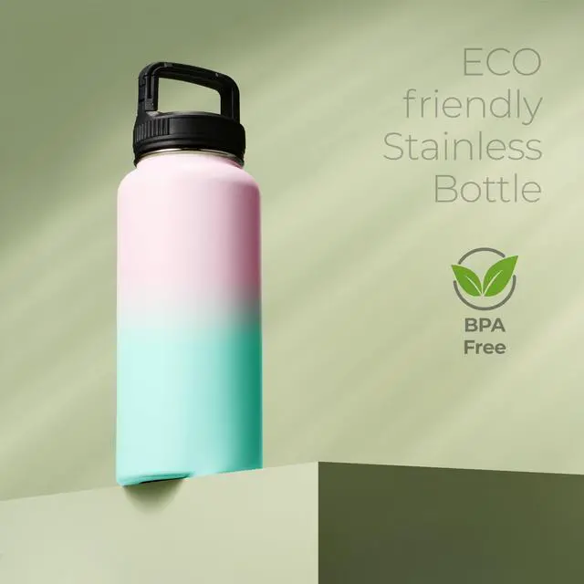 Alt view image 7 of 7 - SipX Triple-Insulated Stainless Steel Water Bottle 32oz. With 3 Lids, BPA-Free Reusable Insulated Water Bottle Keeps Cold 24 Hours, (Gradiant Mint Pink)