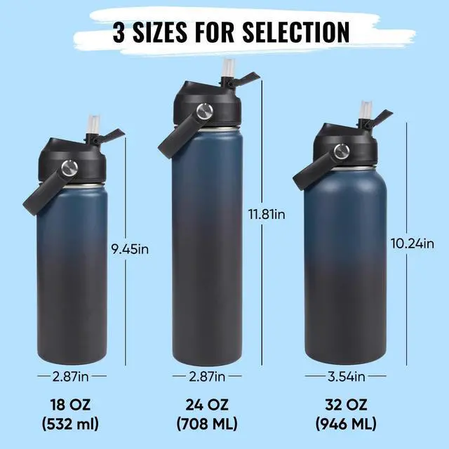 Alt view image 2 of 7 - Fijinhom 32oz Insulated Stainless Steel Water Bottle, Wide Mouth Double Wall Vacuum, Silicone Straw, Sweat & Leak Proof, BPA Free Insulated Water Flask for Travel, Keep Cold 24h Hot 12h, Blue