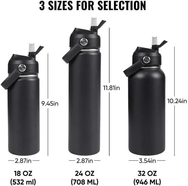 Alt view image 2 of 7 - Fijinhom 32oz Insulated Stainless Steel Water Bottle, Wide Mouth Double Wall Vacuum, Silicone Straw, Sweat & Leak Proof, BPA Free Insulated Water Flask for Travel, Keep Cold 24h Hot 12h, Black
