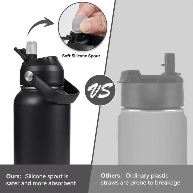 Alt view image 4 of 7 - Fijinhom 32oz Insulated Stainless Steel Water Bottle, Wide Mouth Double Wall Vacuum, Silicone Straw, Sweat & Leak Proof, BPA Free Insulated Water Flask for Travel, Keep Cold 24h Hot 12h, Black