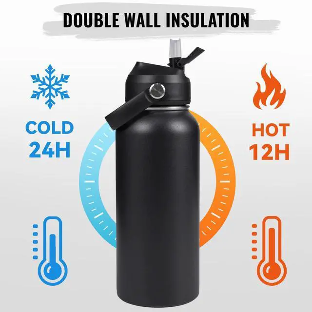 Alt view image 5 of 7 - Fijinhom 32oz Insulated Stainless Steel Water Bottle, Wide Mouth Double Wall Vacuum, Silicone Straw, Sweat & Leak Proof, BPA Free Insulated Water Flask for Travel, Keep Cold 24h Hot 12h, Black